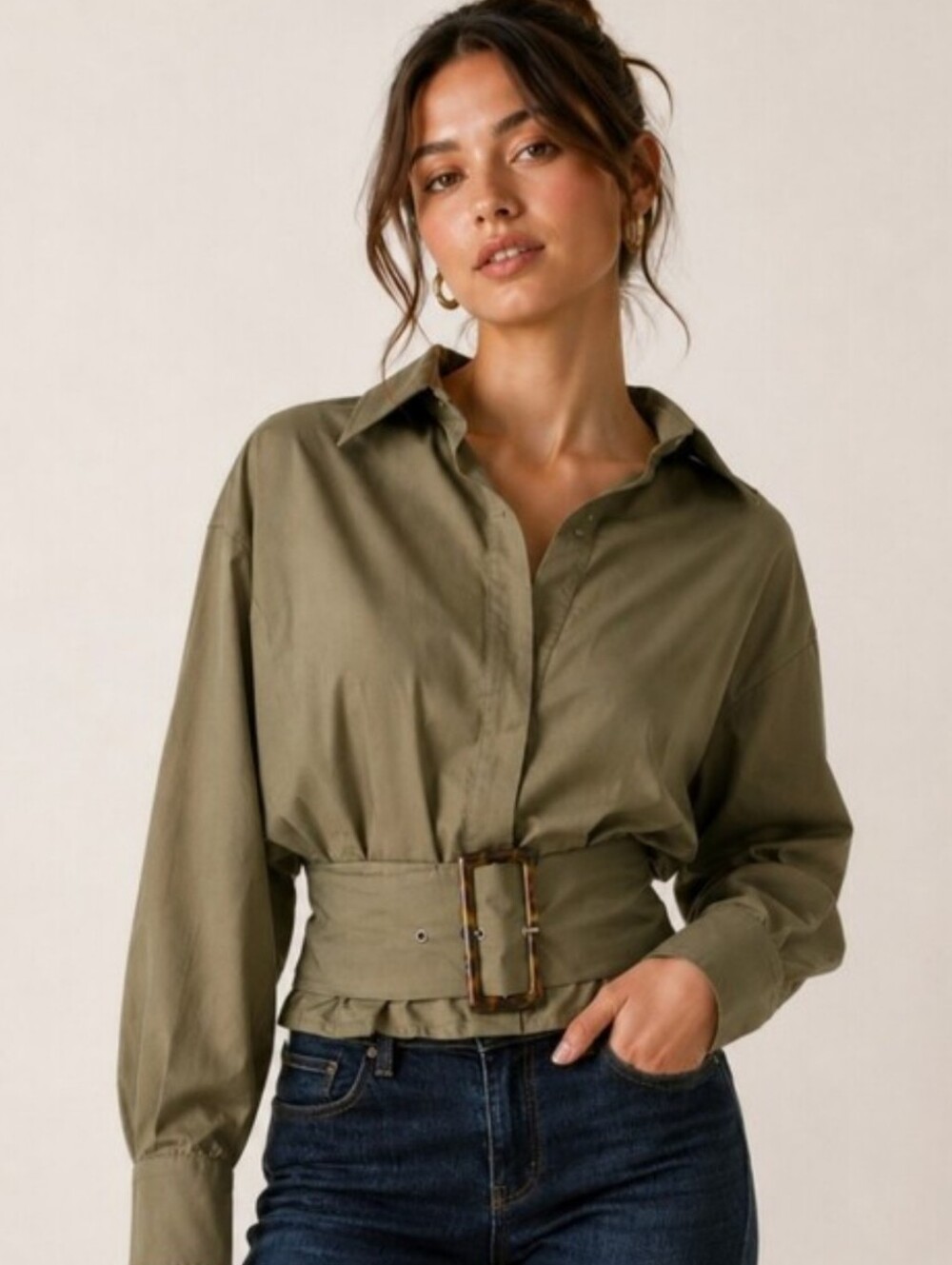 Aveloria Khaki Belted Peplum Blouse Large Long Sleeve Collared Top EUC